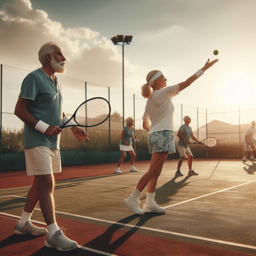 Active seniors playing tennis