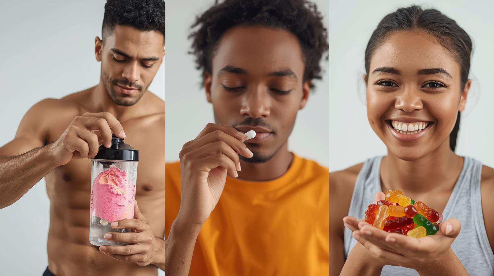 People using supplements in different forms: one mixing powder, another swallowing a pill, another with gummies