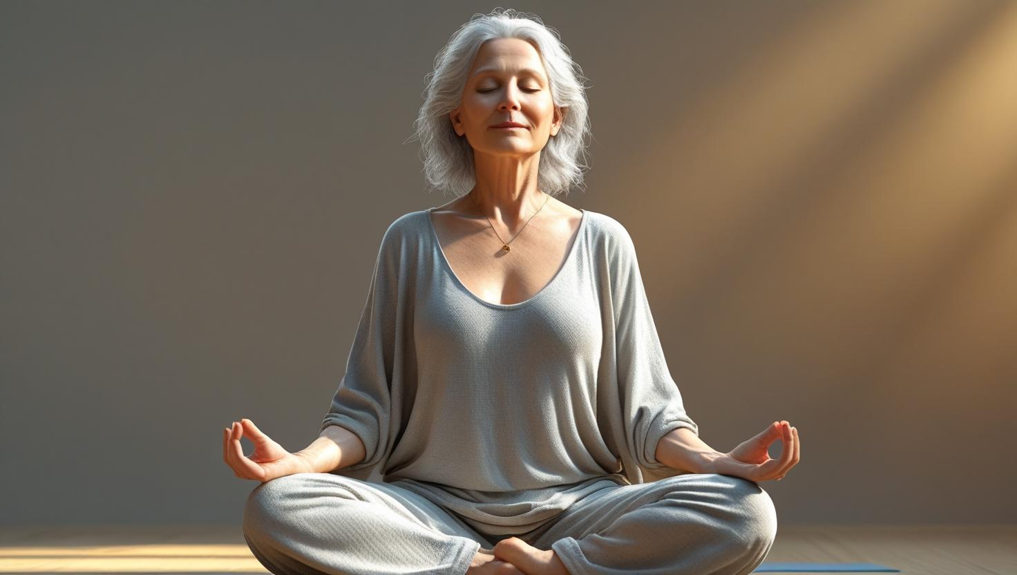 older lady in yoga meditaion pose